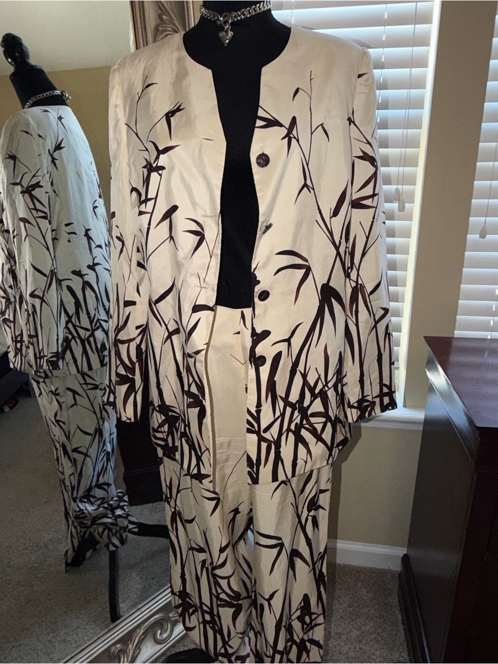 100% Silk Cream and Brown Printed Jacket & Pants Set